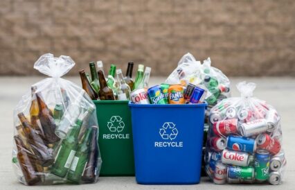 Three bags of bottles and 2 bins full of bottles for recycling